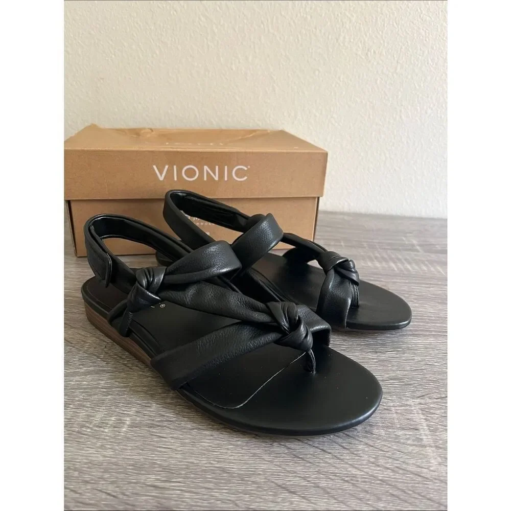 New Vionic Geneva Sandals Womens SZ 7 Black Leather Toe Loop Comfort Orthotic